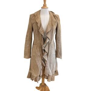 Boston Proper Boho Tan Suede Mid Length Coat With Ruffle Trim, Lined, Size 4